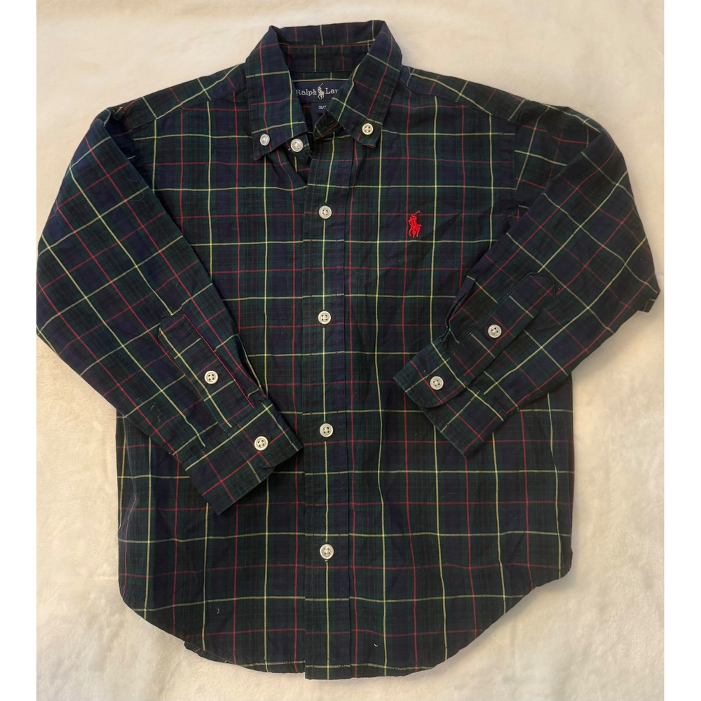 Ralph Lauren Boys 3T Plaid Button Down Shirt Navy Green Red Tartan Long Sleeve